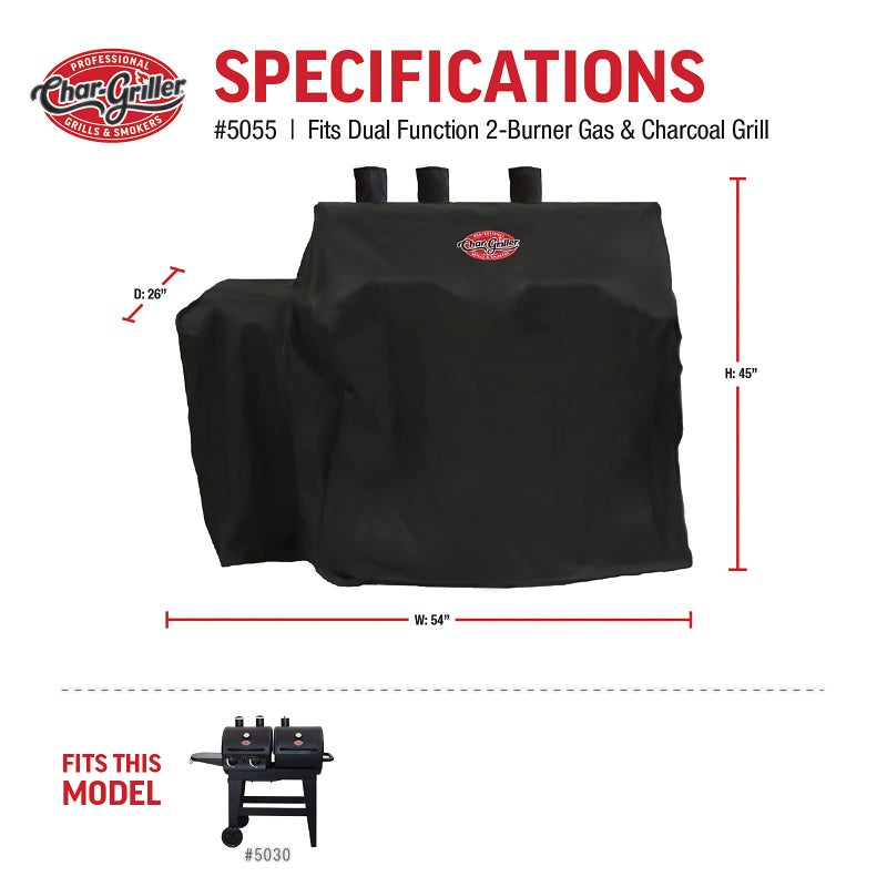 Char-GrillerÂ® 2 Burner Dual Function Charcoal and Gas Grill Cover, Durable Cover with Water Resistant Material, PVC Lining, with Custom Fit to Model 5030, Black, 26 "L x 54" W x 45" H, Model 5055 - Image 3